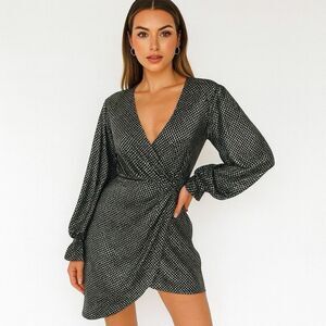 ZARA Black Metallic‎ Wrap Dress Long Sleeve Asymmetric Party Size L